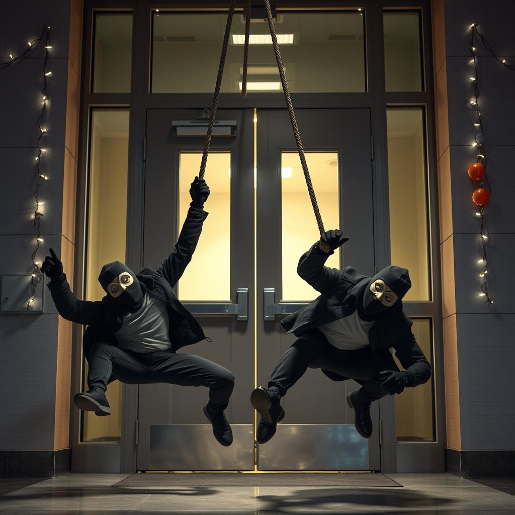 Two realistic-looking masked male thieves falling to the ground from a rope that has just dropped, blocking their attempt to enter through a large glass-paneled door