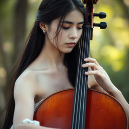 A beautiful white girl with long black hair, playing a cello