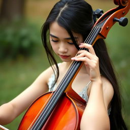 A beautiful white girl with long black hair, playing a cello