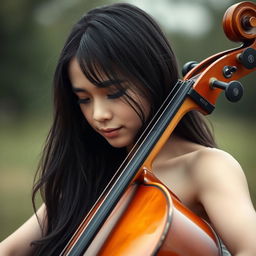 A beautiful white girl with long black hair, playing a cello
