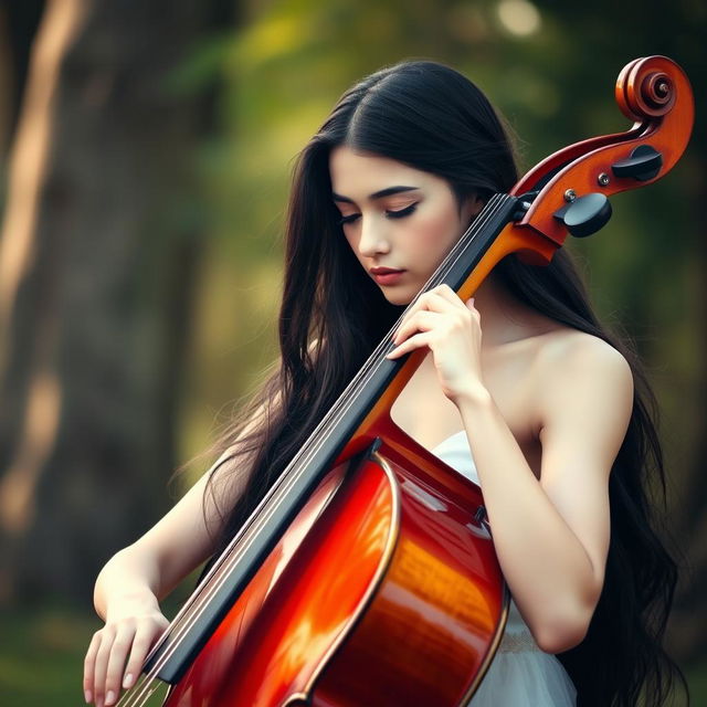 A beautiful white girl with long black hair, playing a cello