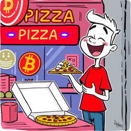 A whimsical cartoon character with a white appearance, wearing a bright red T-shirt, joyfully purchasing a pizza