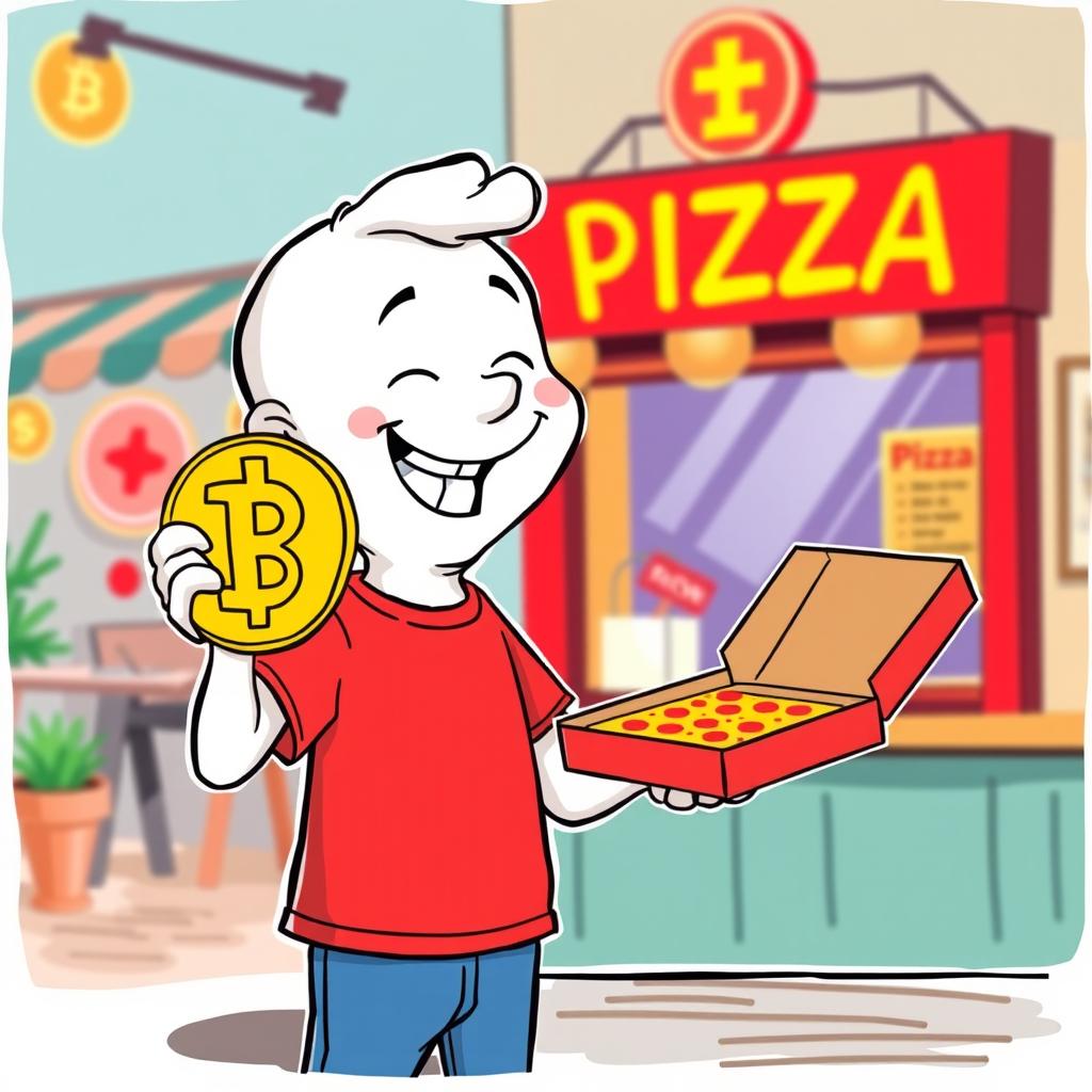 A whimsical cartoon character with a white appearance, wearing a bright red T-shirt, joyfully purchasing a pizza