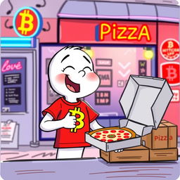 A whimsical cartoon character with a white appearance, wearing a bright red T-shirt, joyfully purchasing a pizza