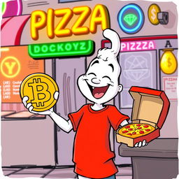 A whimsical cartoon character with a white appearance, wearing a bright red T-shirt, joyfully purchasing a pizza