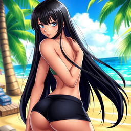 A provocative depiction of Nico Robin from One Piece, characterized by her long black hair and striking blue eyes