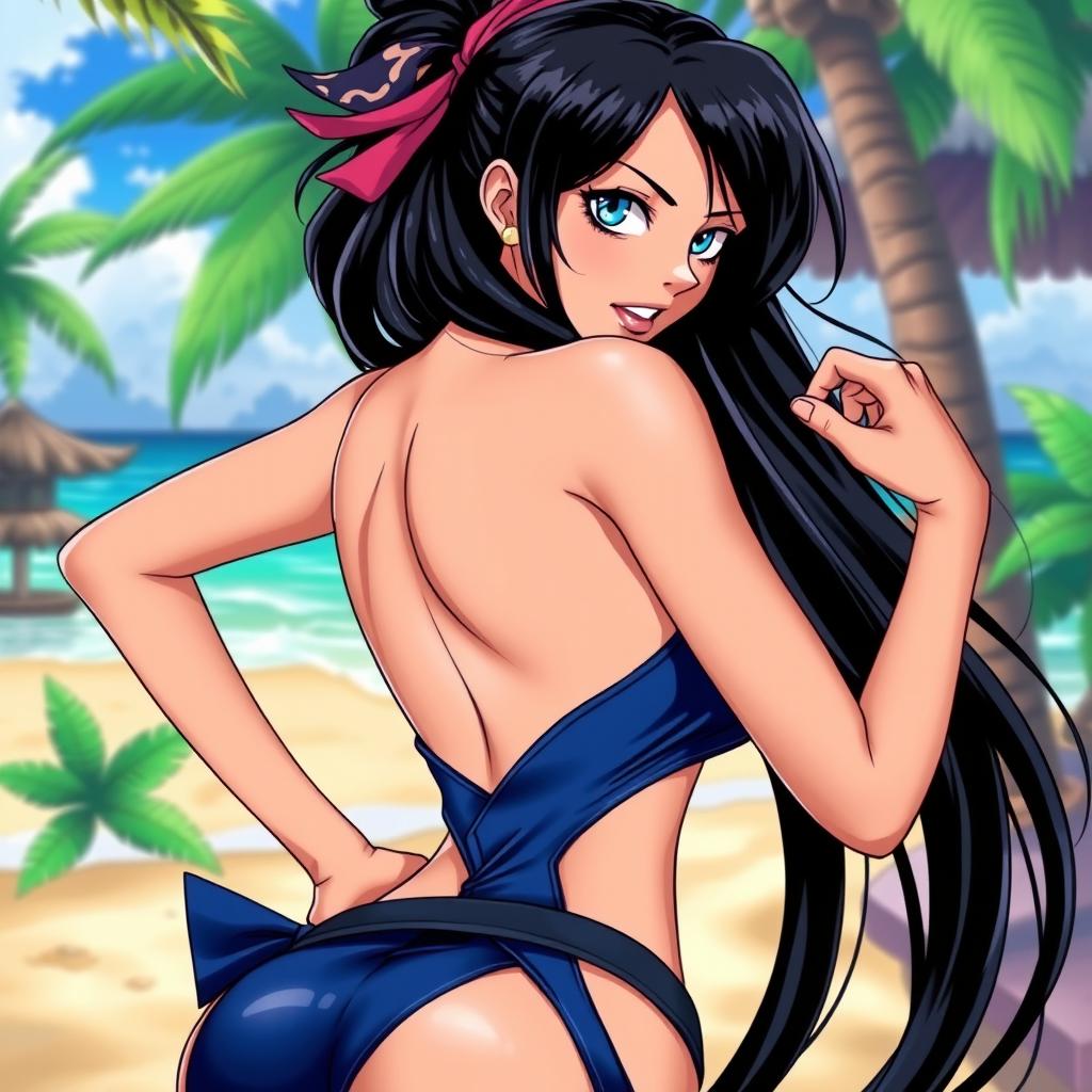 A provocative depiction of Nico Robin from One Piece, characterized by her long black hair and striking blue eyes