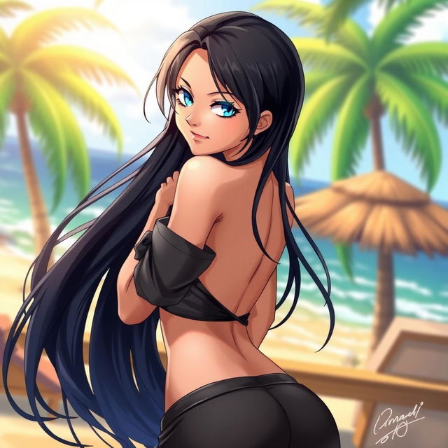 A provocative depiction of Nico Robin from One Piece, characterized by her long black hair and striking blue eyes