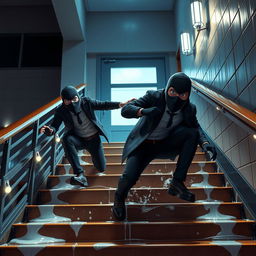 Two realistic-looking masked male thieves slipping and falling down a set of wet stairs inside a modern school