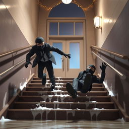 Two realistic-looking masked male thieves slipping and falling down a set of wet stairs inside a modern school