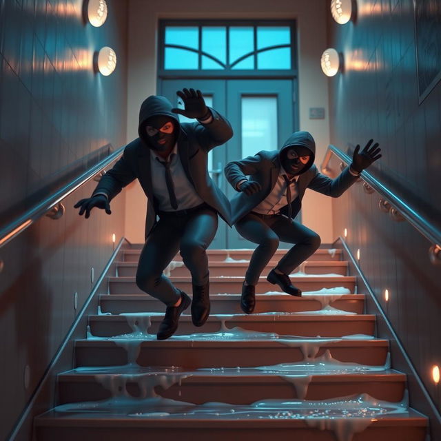 Two realistic-looking masked male thieves slipping and falling down a set of wet stairs inside a modern school