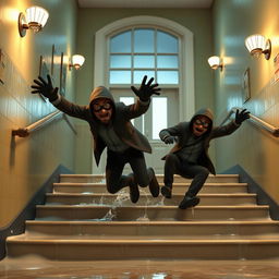Two realistic-looking masked male thieves slipping and falling down a set of wet stairs inside a modern school