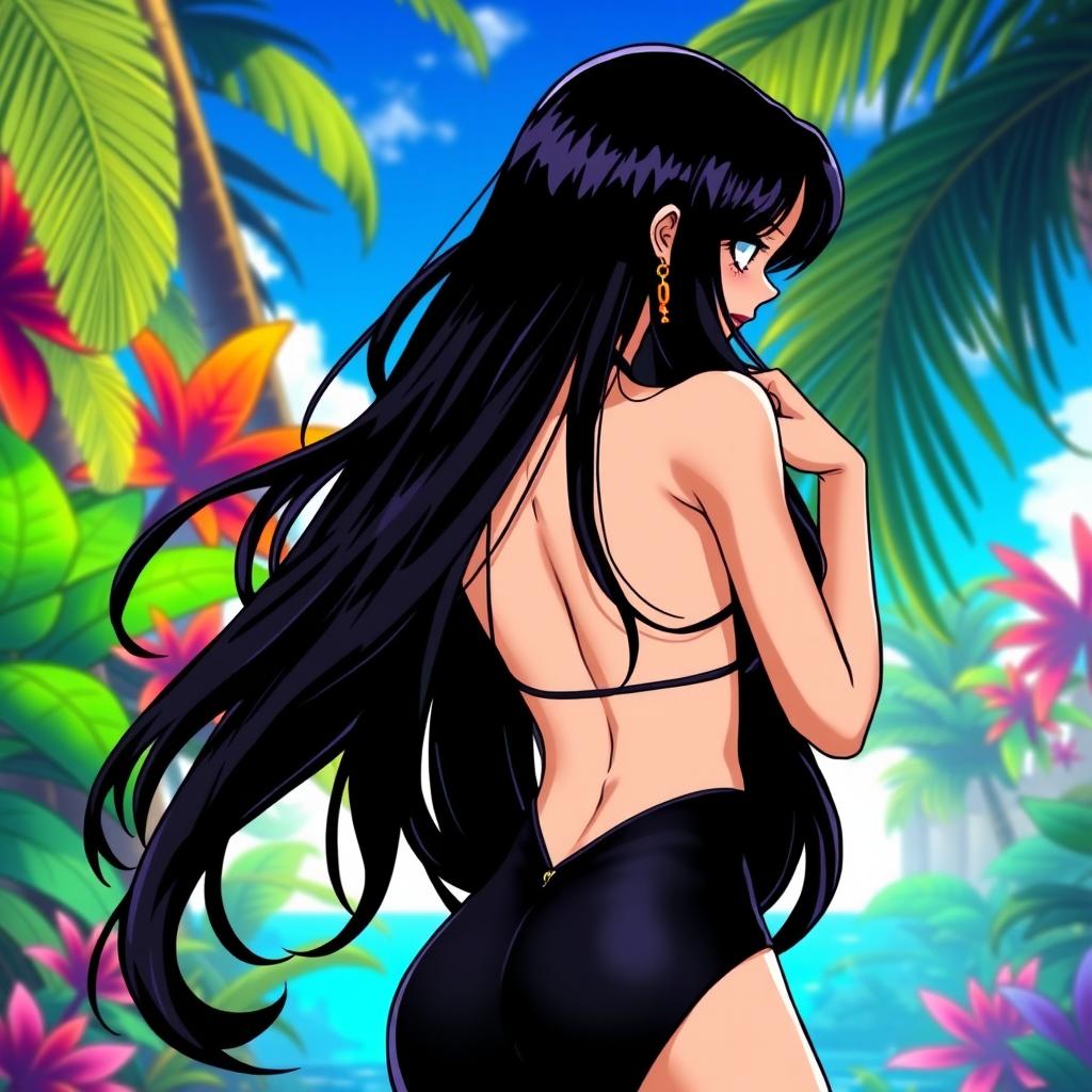 A stylized depiction of Nico Robin from One Piece, showcasing her in a playful and suggestive pose with a focus on her backside towards the camera