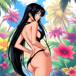 A stylized depiction of Nico Robin from One Piece, showcasing her in a playful and suggestive pose with a focus on her backside towards the camera