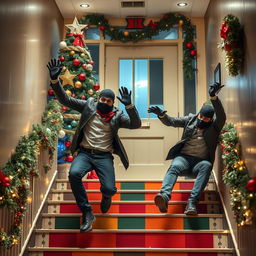 Two realistic-looking masked male thieves slipping and falling down a set of stairs inside a modern school, which is beautifully adorned with Christmas tree decorations