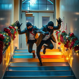 Two realistic-looking masked male thieves slipping and falling down a set of stairs inside a modern school, which is beautifully adorned with Christmas tree decorations