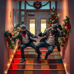 Two realistic-looking masked male thieves slipping and falling down a set of stairs inside a modern school, which is beautifully adorned with Christmas tree decorations