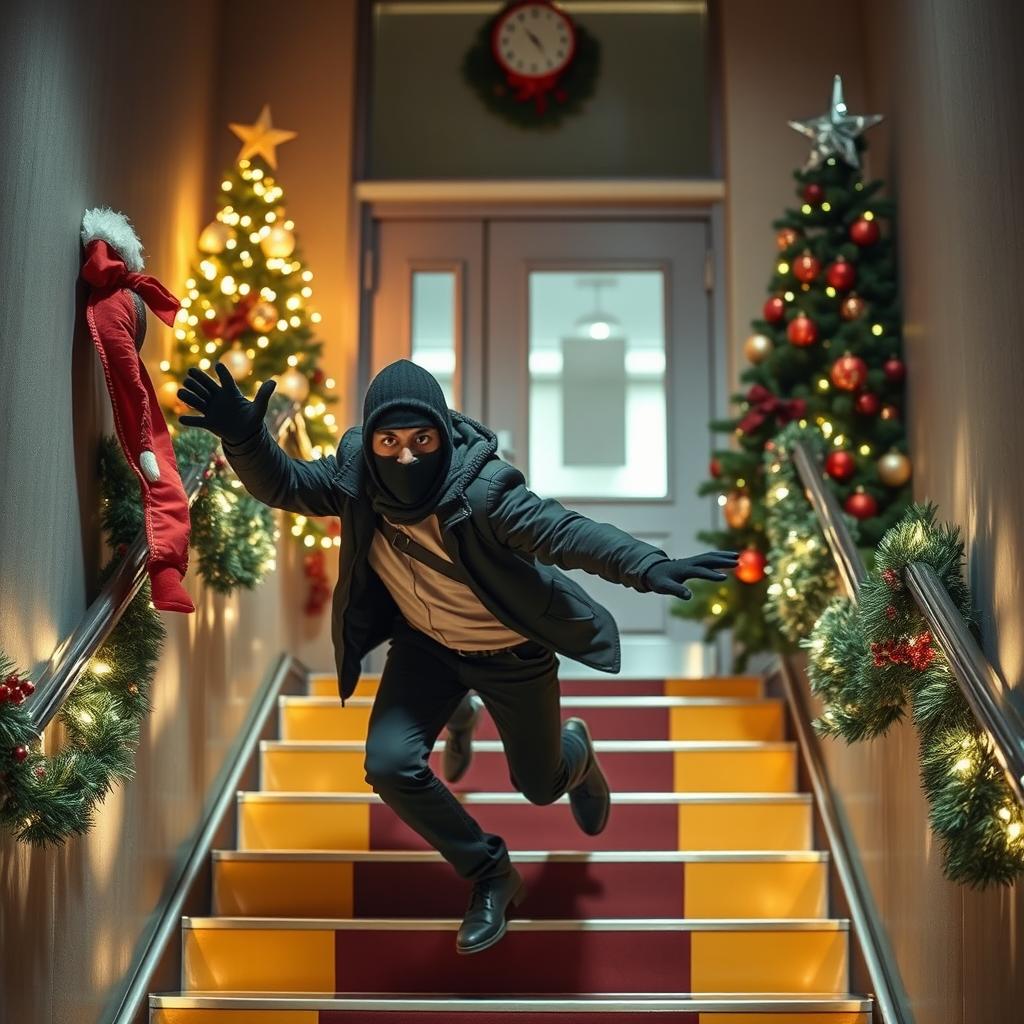 Two realistic-looking masked male thieves slipping and falling down a set of stairs inside a modern school, which is beautifully adorned with Christmas tree decorations