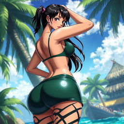 A realistic portrayal of Nico Robin from the anime One Piece, featuring her with a voluptuous figure, emphasizing her curves and large posterior