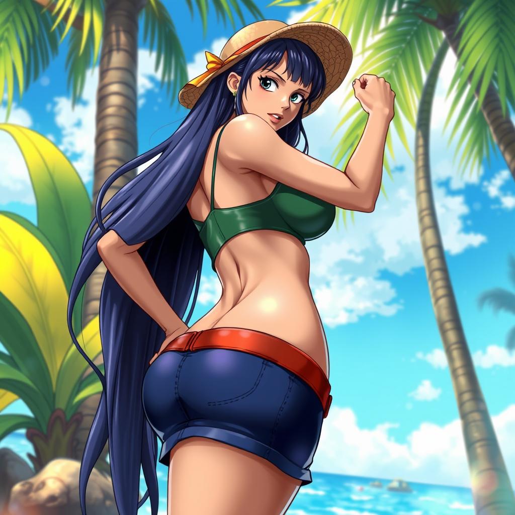 A realistic portrayal of Nico Robin from the anime One Piece, featuring her with a voluptuous figure, emphasizing her curves and large posterior