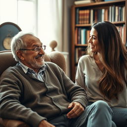 A portrait of an elderly man sitting in a cozy armchair, deeply engaged in conversation with a young woman, who is smiling as she listens