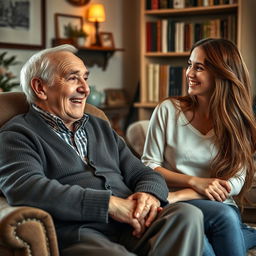 A portrait of an elderly man sitting in a cozy armchair, deeply engaged in conversation with a young woman, who is smiling as she listens