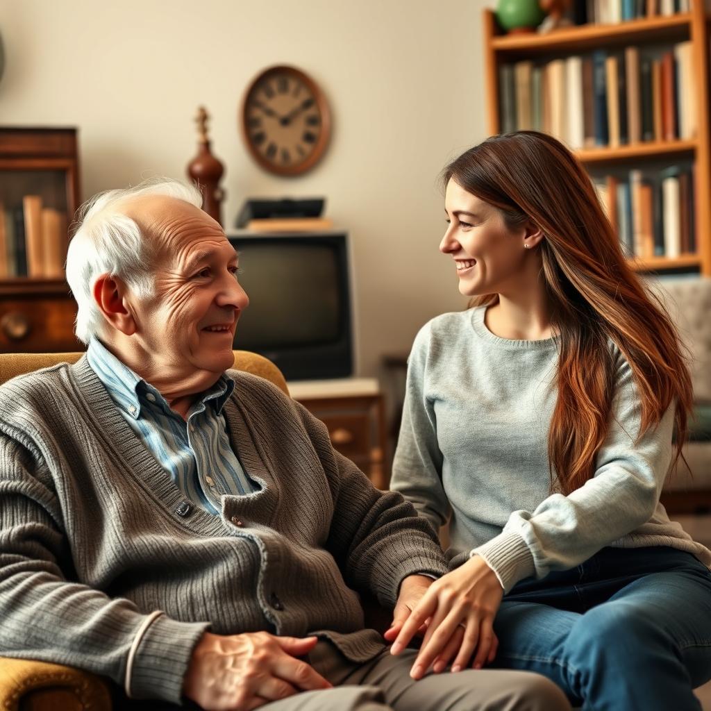 A portrait of an elderly man sitting in a cozy armchair, deeply engaged in conversation with a young woman, who is smiling as she listens