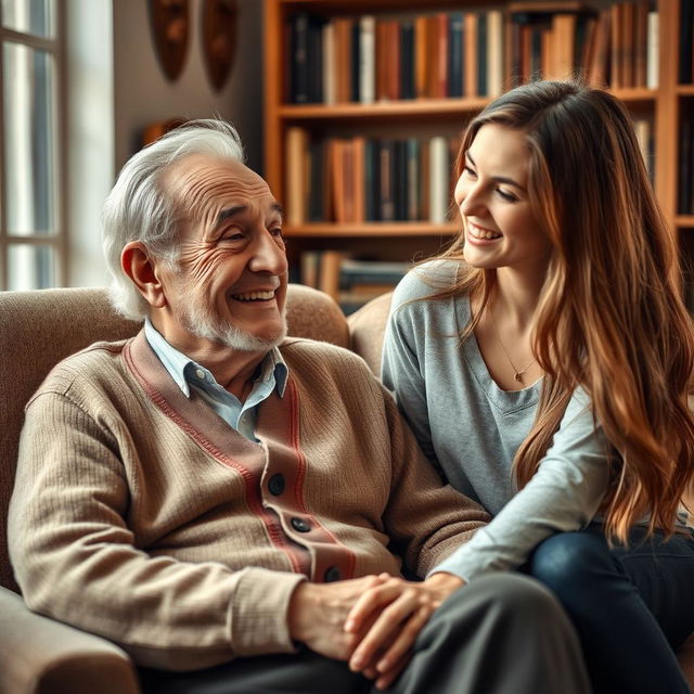 A portrait of an elderly man sitting in a cozy armchair, deeply engaged in conversation with a young woman, who is smiling as she listens