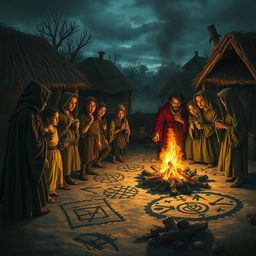 A captivating scene depicting superstitious villagers in a rustic setting, immersed in folklore and mysticism