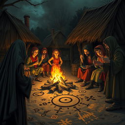 A captivating scene depicting superstitious villagers in a rustic setting, immersed in folklore and mysticism