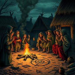 A captivating scene depicting superstitious villagers in a rustic setting, immersed in folklore and mysticism