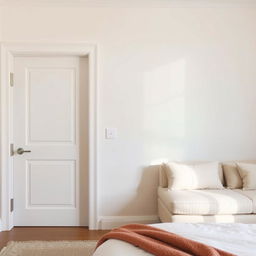 A cozy bedroom interior featuring a white wall