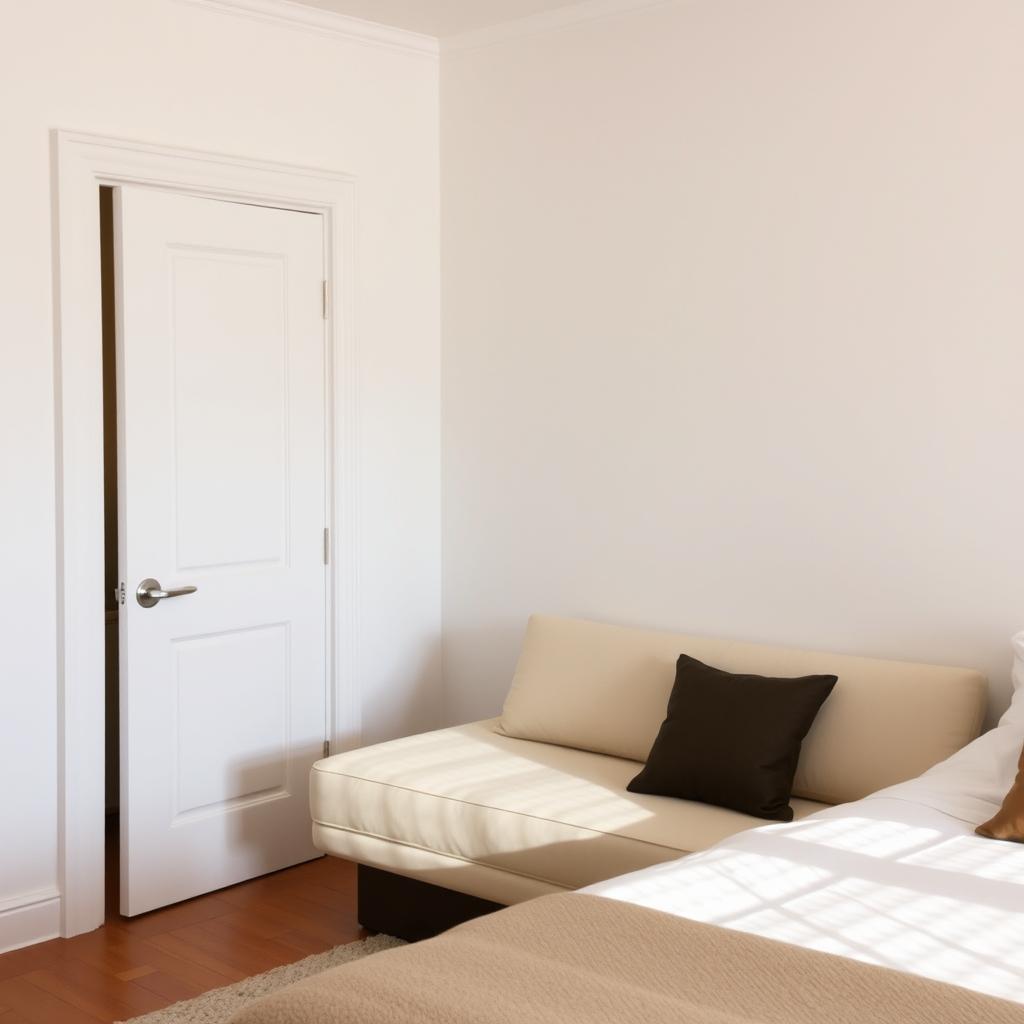 A cozy bedroom interior featuring a white wall