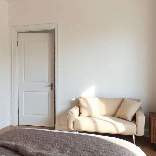 A cozy bedroom interior featuring a white wall