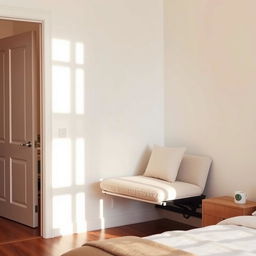 A cozy bedroom interior featuring a white wall