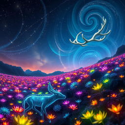 An extraordinary scene depicting a vibrant, otherworldly landscape with bioluminescent plants glowing in an array of colors, under a starry night sky filled with swirling galaxies and shooting stars