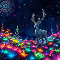 An extraordinary scene depicting a vibrant, otherworldly landscape with bioluminescent plants glowing in an array of colors, under a starry night sky filled with swirling galaxies and shooting stars