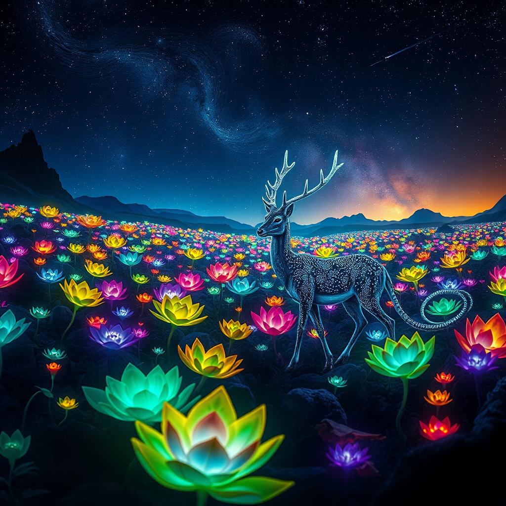 An extraordinary scene depicting a vibrant, otherworldly landscape with bioluminescent plants glowing in an array of colors, under a starry night sky filled with swirling galaxies and shooting stars