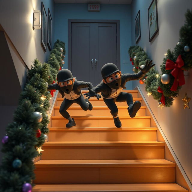 Two realistic-looking masked male thieves slipping and falling down a set of stairs inside a modern school