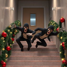 Two realistic-looking masked male thieves slipping and falling down a set of stairs inside a modern school