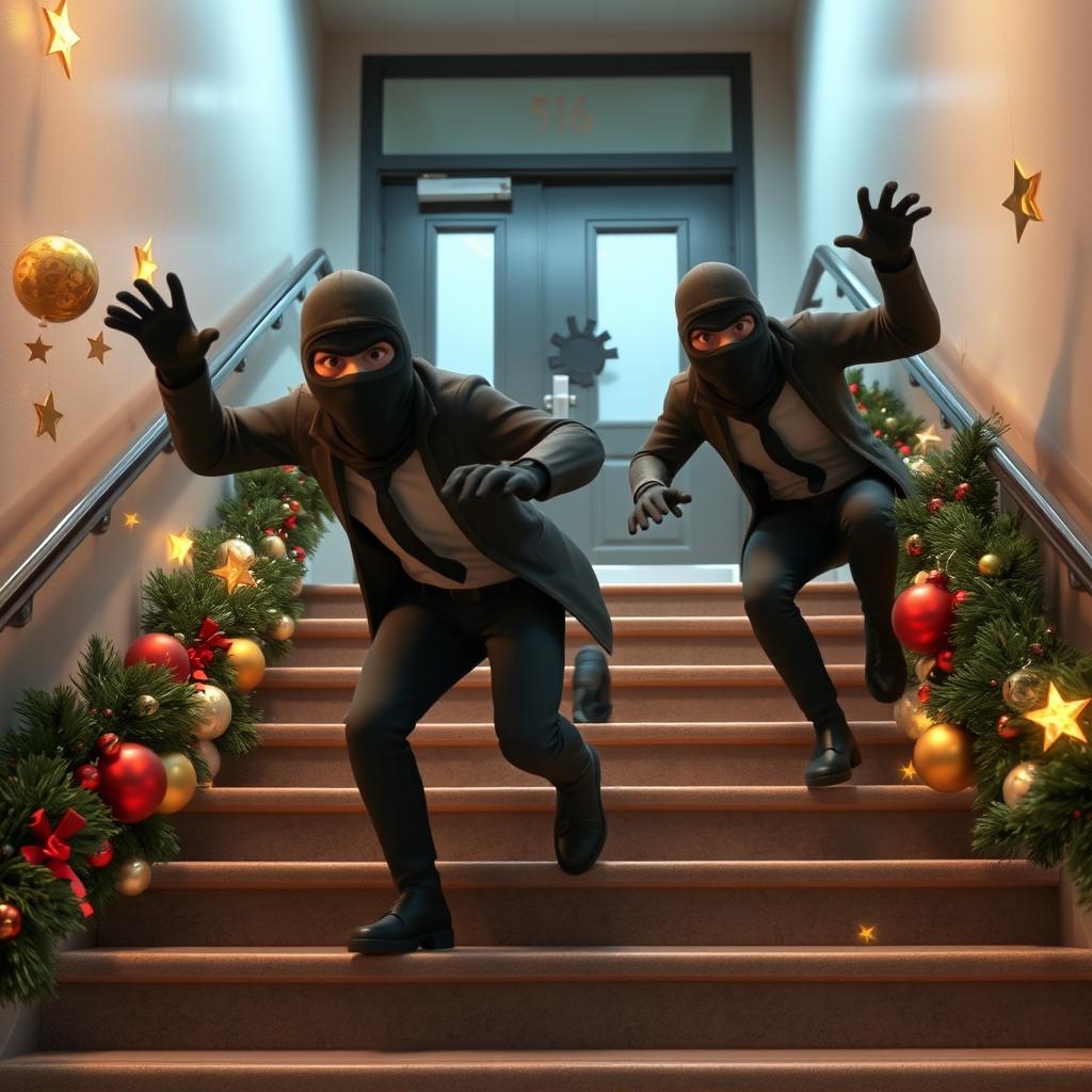 Two realistic-looking masked male thieves slipping and falling down a set of stairs inside a modern school