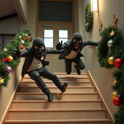 Two realistic-looking masked male thieves slipping and falling down a set of stairs inside a modern school