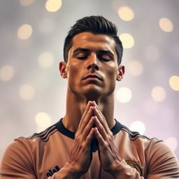 A solemn and vibrant portrait of Cristiano Ronaldo, captured in a moment of prayer