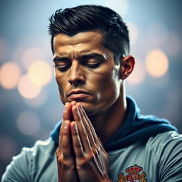 A solemn and vibrant portrait of Cristiano Ronaldo, captured in a moment of prayer