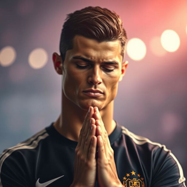 A solemn and vibrant portrait of Cristiano Ronaldo, captured in a moment of prayer