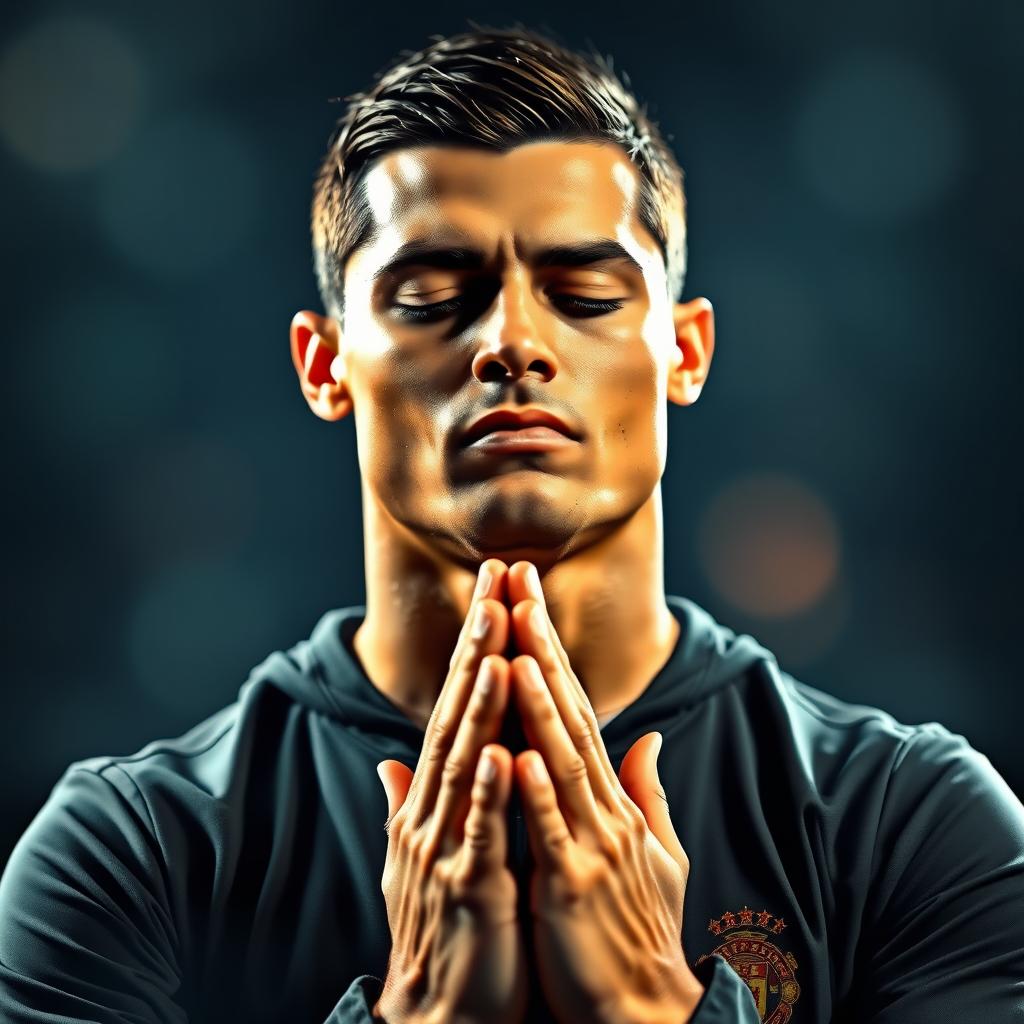 A solemn and vibrant portrait of Cristiano Ronaldo, captured in a moment of prayer