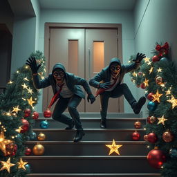 Two realistic-looking masked male thieves slipping and falling on a staircase inside a modern school