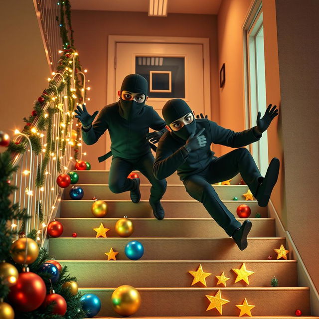 Two realistic-looking masked male thieves slipping and falling on a staircase inside a modern school