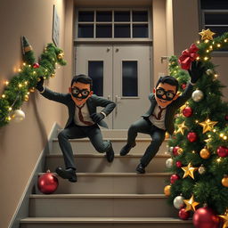 Two realistic-looking masked male thieves slipping and falling on a staircase inside a modern school