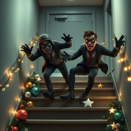 Two realistic-looking masked male thieves slipping and falling on a staircase inside a modern school